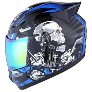 1Storm Full Face Motorcycle Helmet Blue/Black Skull Design With Visor & Bag DOT
